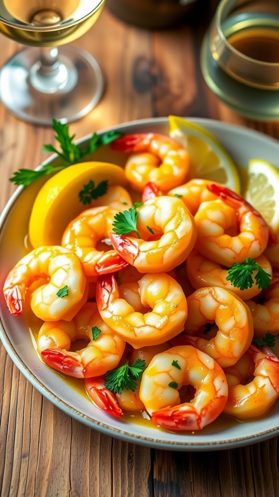 Garlic butter shrimp served with parsley and lemon on a rustic table.
